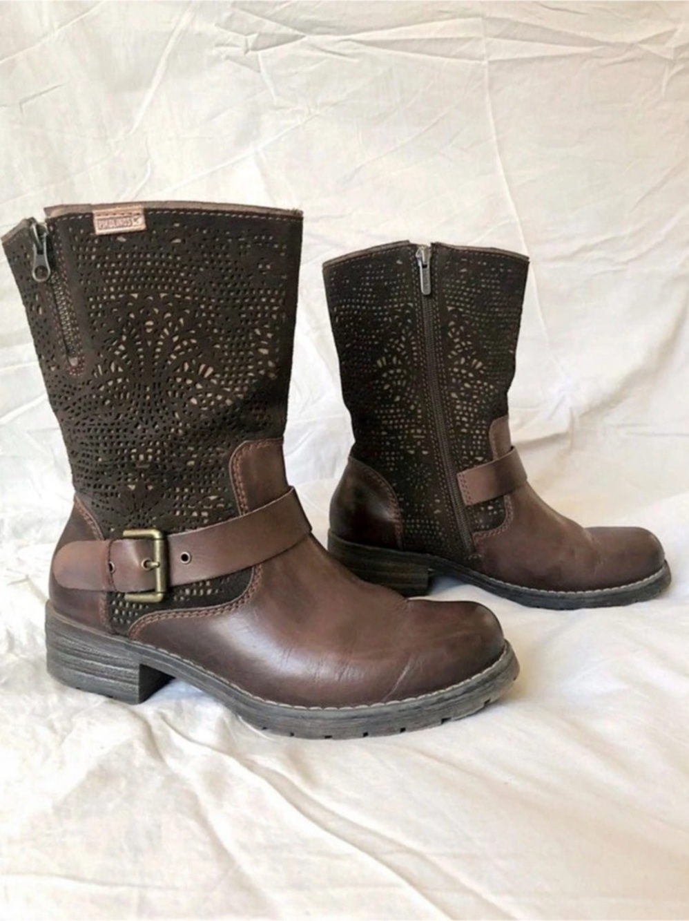 PIKOLINOS Perforated Moto Boots in Brown & Black